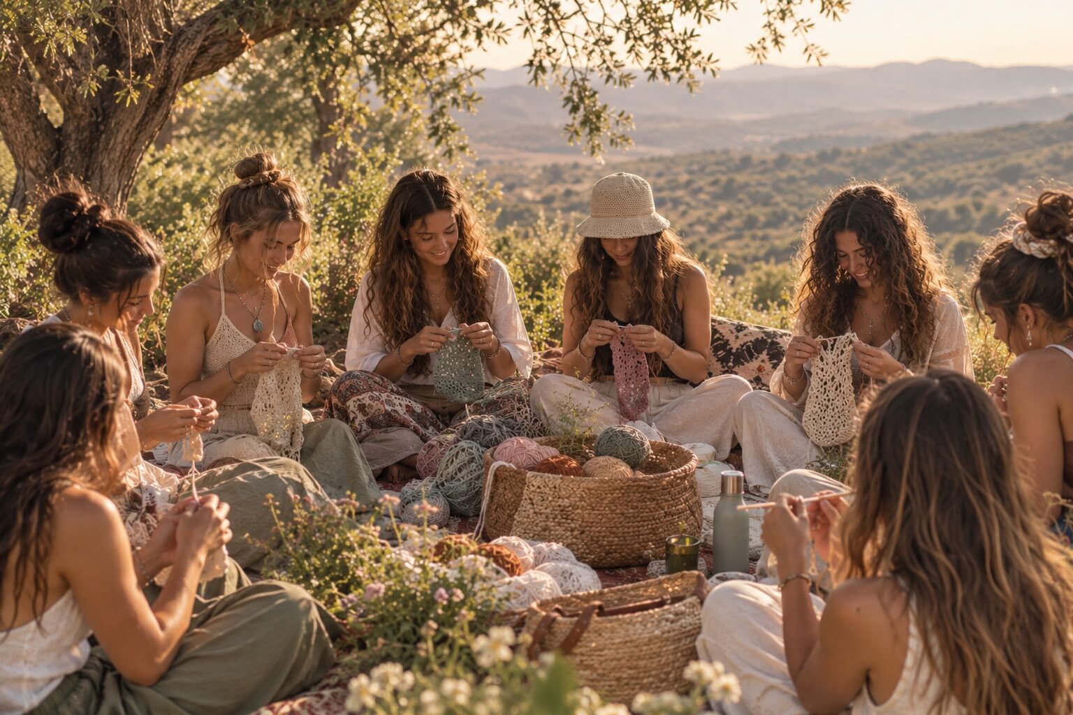 קבוצת סורגות יושבות יחד בטבע בסדנה, בליווי אישי צמוד